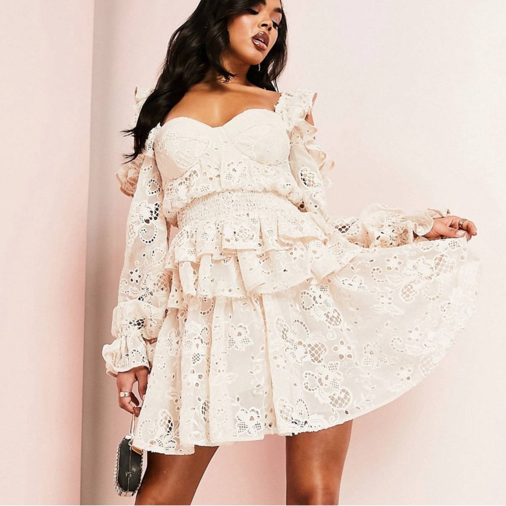 ASOS LUXE organza eyelet cold shoulder tiered mini dress